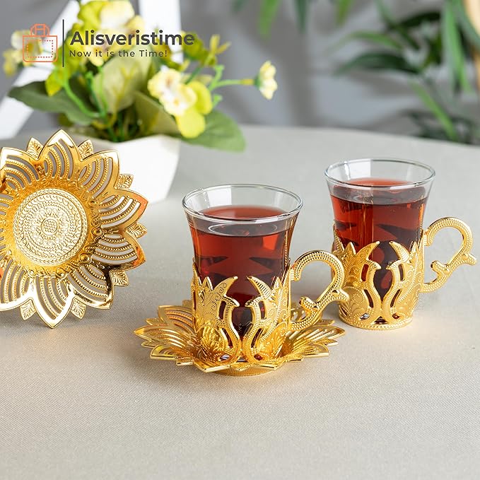 Alisveristime (Set of 2 Turkish Tea Set with Zamac Holders, Glass Cups, and Saucers – Ahsen Ottoman Design, 100ml Capacity, Available in Gold or Silver Color (Gold)