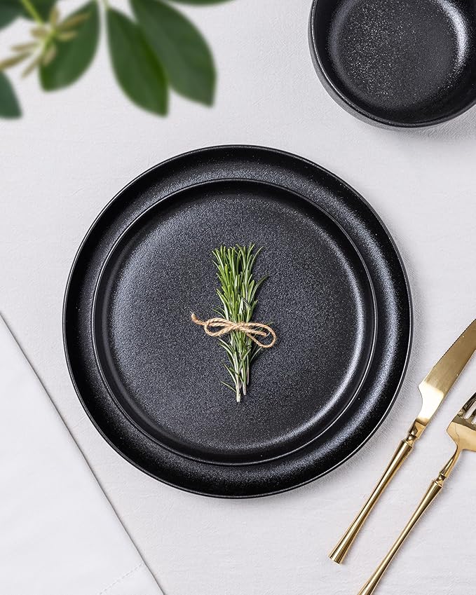 TheTerra Ceramic Dinnerware Sets for 4, 12 Pieces Porcelain Lightweight Plates and Bowls Sets, Scratch Resistant Dish Set, Oven & Microwave & Dishwasher Safe, Black