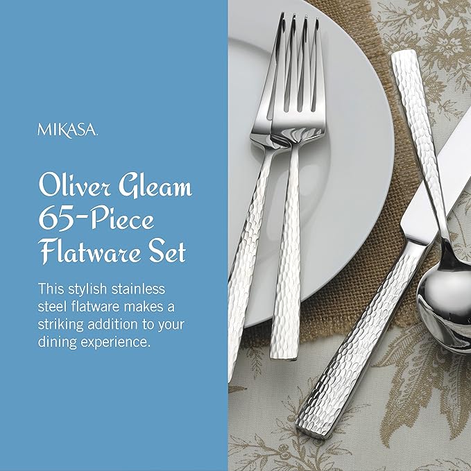 Mikasa, Oliver Gleam Flatware Service for 12, 65 Piece Set, 18/10 Stainless Steel, Silverware Set with Serving Utensils