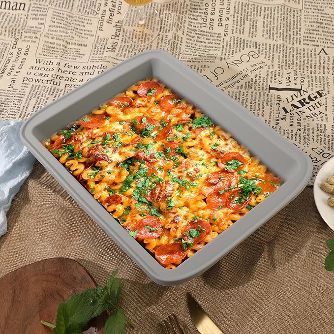 Sunsetbaby Silicone Baking Dish with Handles, Deep Rectangular Bakeware Cake Pan, Compatible with Fancy Panz, for Lasagna, Cake, Brownie or Family Dinner, 12.6 x 9.8 x 2.1 Inch (Grey)