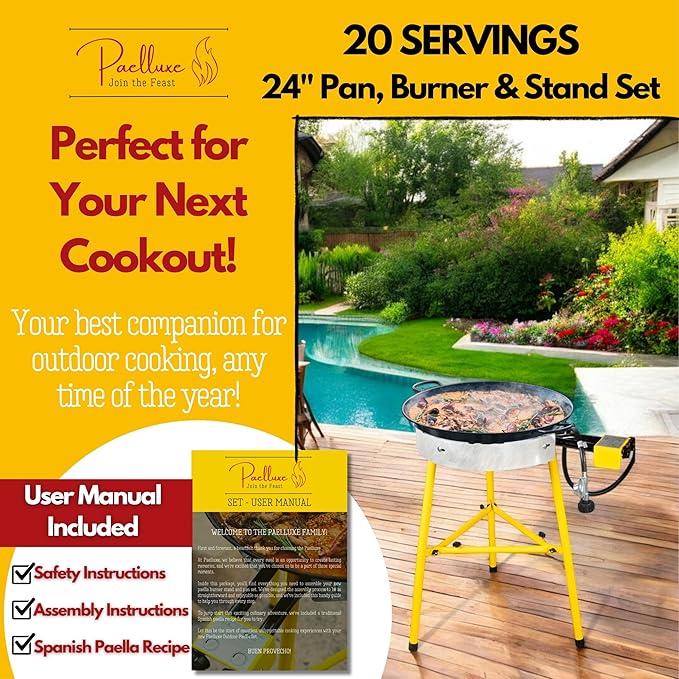 Paella Burner and Stand Set 20 Servings, 24 Inch Paella Pan, Dual Propane Outdoor Stove with Stand & Regulator, Portable Gas Cooker for Camping Crawfish Boil Cooking Outdoor, Paellera Propano