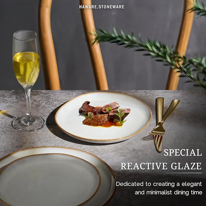 HaWare Stoneware Salad Plates Set of 6, 7.9” Heavy Duty Ceramic Plates, Reactive Glaze Dinnerware for Home Restaurant, Chip and Scratch Resistant, Microwave and Dishwasher Safe, Reactive Pearl White