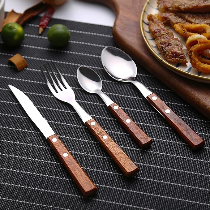 Forks and Spoons Silverware Set, HAPPY KIT Wooden Handle Flatware Set 8-Piece (2 Sets) 18/8 Stainless Steel Cutlery Set Wooden Spoons Dinner Knife Dinner Fork and Spoon Set