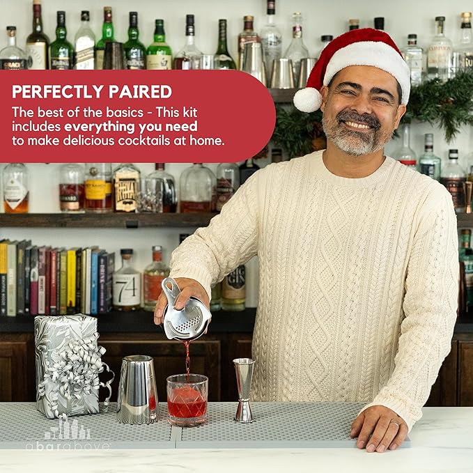 A Bar Above Cocktail Shaker Set, 4-Piece Professional Bartender Kit with Boston Shaker, Strainer, Jigger, and Bar Spoon, Stainless Steel Bar Accessories for Craft Cocktails, Silver