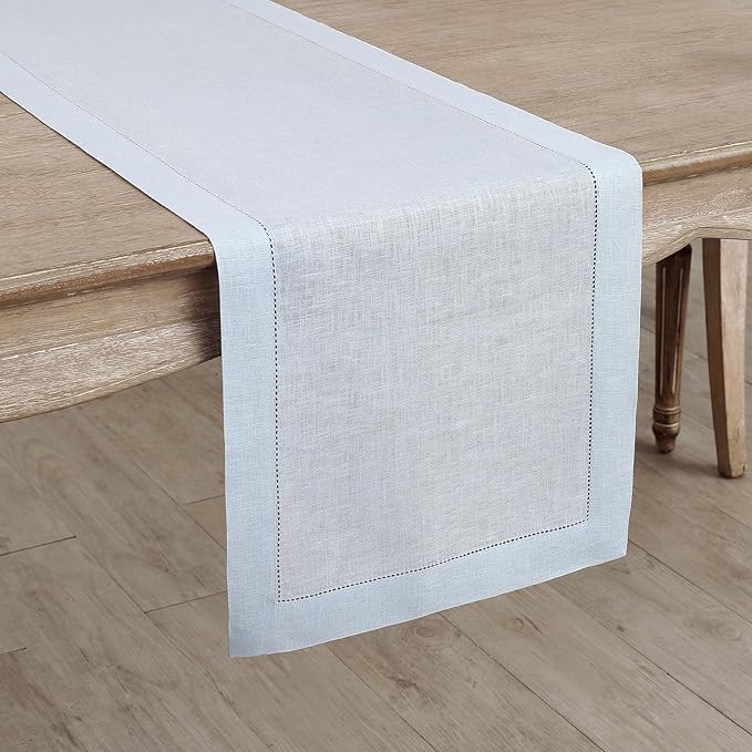 Solino Home Linen Light Blue Table Runner 90 Inches Long - 100% Pure Linen Hemstitch 14 x 90 Inch Table Runner for Dining and Summer - Classic Hemstitch