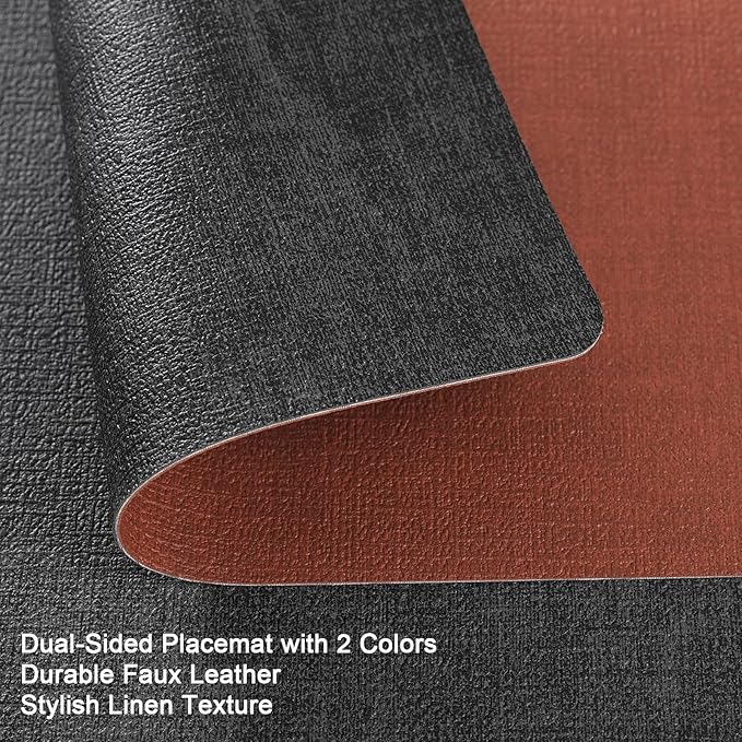 Myir JUN Dual Sided Faux Leather Placemats Set of 4 for Indoor Outdoor Dining Tables, Square Non-Slip Washable Wipeable Table Mats (Gray Terracotta)