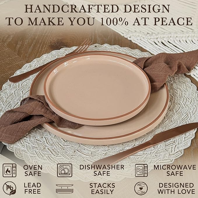 Mora Ceramic Flat Dinner Plates Set of 6, 10.5 in High Edge Dish Set - Microwave, Oven, and Dishwasher Safe, Scratch Resistant, Modern Dinnerware- Kitchen Porcelain Serving Dishes - Chai