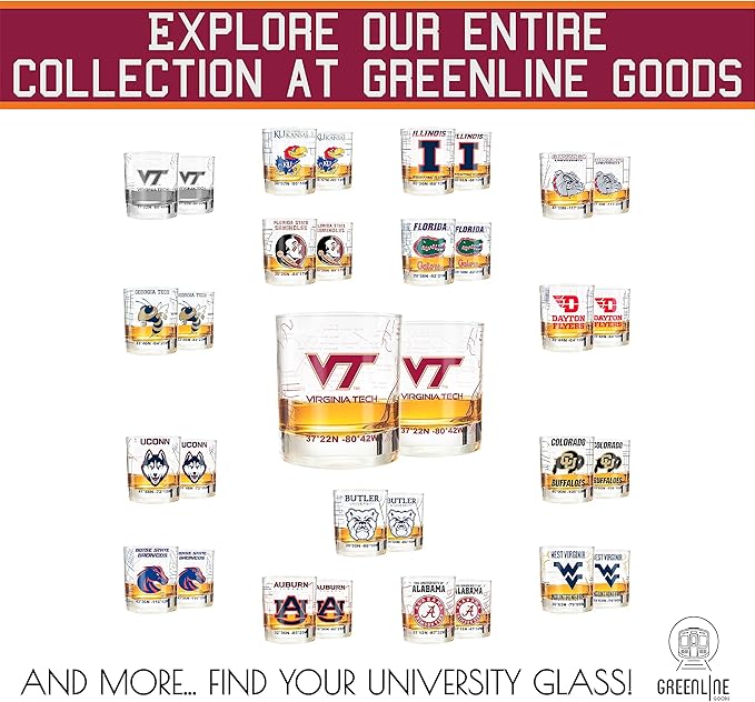 Greenline Goods – Virginia Tech University Hokies College Whiskey Glasses (Set of 2), 10 oz – Full-Color Logo + Campus Map