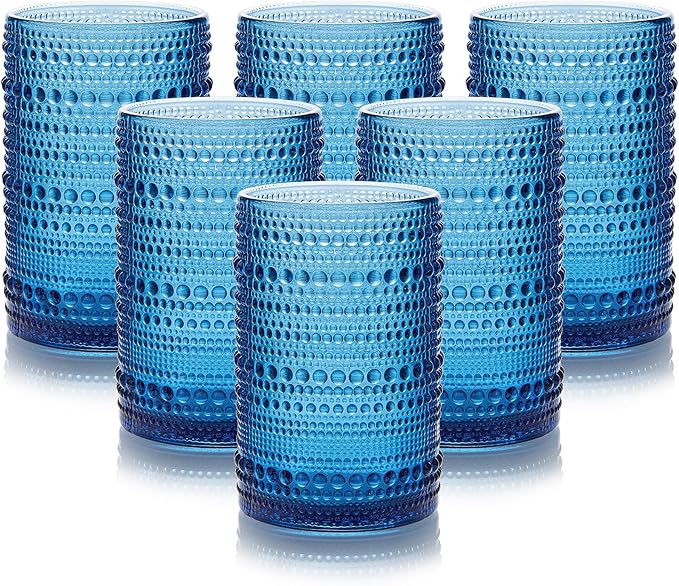 15 oz Blue Hobnail Drinking Glasses with Straws Set of 6, Vintage Glassware Old Fashioned Beverage Glasses, Cocktail Glass Set, Kitchen Water Glasses Cup, for Beer, Smoothie, Juice
