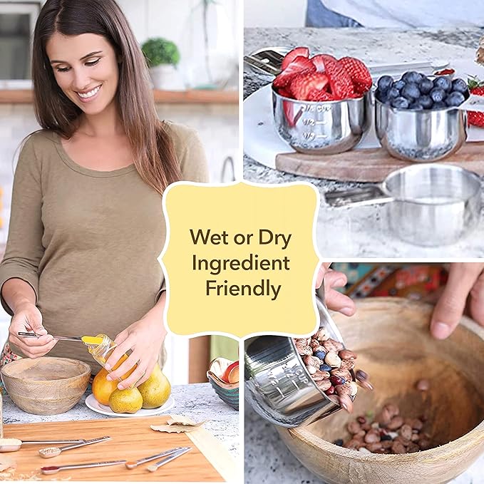 Measuring Cups and Spoons Set of 15, Stackable Cups, Long Handle with Leveler Fits Narrow Jars, 304 Premium Stainless Steel, Kitchen Gadgets for Liquid & Dry Ingredients Cooking Baking