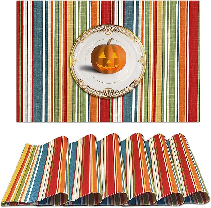 Ruvanti Placemats 100% Cotton 13x19 Inch, Dining Table Placemats Set of 6, Place Mats for Dining Table Decor, Kitchen & Table Linens, Coffee Mat for Christmas Dinners - Multi Stripe