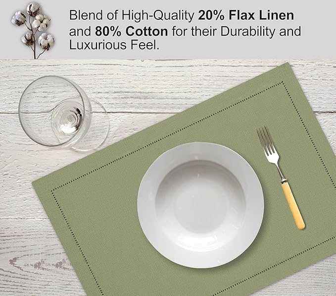 Ruvanti Linen Placemats Set of 6-13x19 Inch, Classic Hemstitch, Heat ‎Resistant Machine Washable Place Mats, Soft & Elegant- Perfect for Christmas, ‎Thanksgiving, Weddings, Dinner - Martini Olive