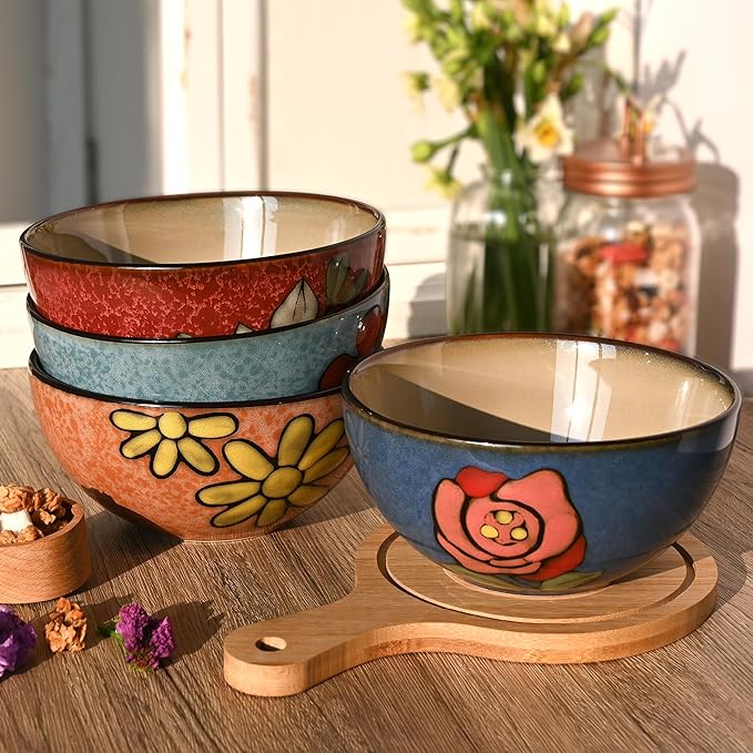 Ceramic Cereal Bowls Set of 6, Floral Design 6 inch – 28oz for Cereal, Salad, Soup, Dessert, or Snacks, Microwave, Dishwasher Safe