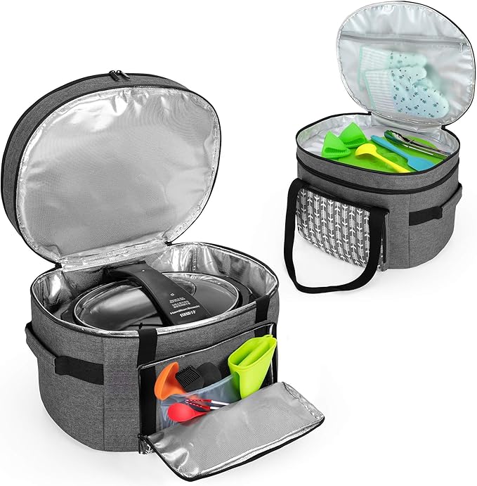 Yarwo [Upgraded Slow Cooker Travel Bag with Bottom Board Compatible with Crock-Pot and Hamilton Beach 6 7 8 Quart, Double Layers Slow Cooker Carrier, Gray with Arrow (Bag Only, Patent Pending)