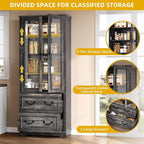 DWVO 76" Storage Cabinets, Freestanding Kitchen Pantry with Adjustable Shelves & Drawers, Farmhouse Glass Display Cabinets Tall Cupboard for Dining Room, Living Room, Dark Rustic