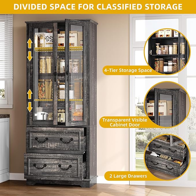 DWVO 76" Storage Cabinets, Freestanding Kitchen Pantry with Adjustable Shelves & Drawers, Farmhouse Glass Display Cabinets Tall Cupboard for Dining Room, Living Room, Dark Rustic