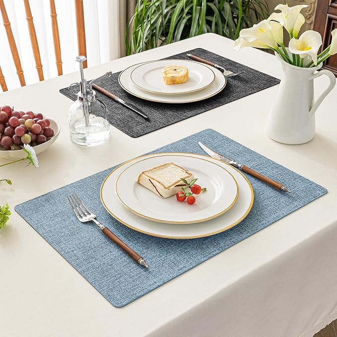 Romanstile Reversible Vinyl Placemats Set of 4, Faux Leather 100% Waterproof Oil-Proof Wipeable Place Mats, Heat Resistant Dual Sided Table Mats for Kitchen/Dining/Party (Grey Sky Blue, 12 x 17 Inch)