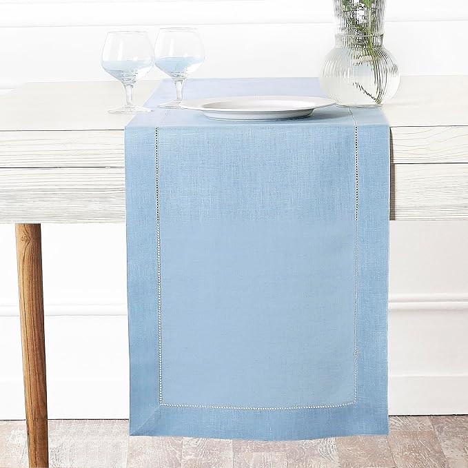 D'Moksha Homes Linen Powder Blue Table Runner 120 Inches Long - 100% Pure Linen Hemstitch 14 x 120 Inch Table Runner for Dining, Summer, Fall and Halloween - Classic Hemstitch
