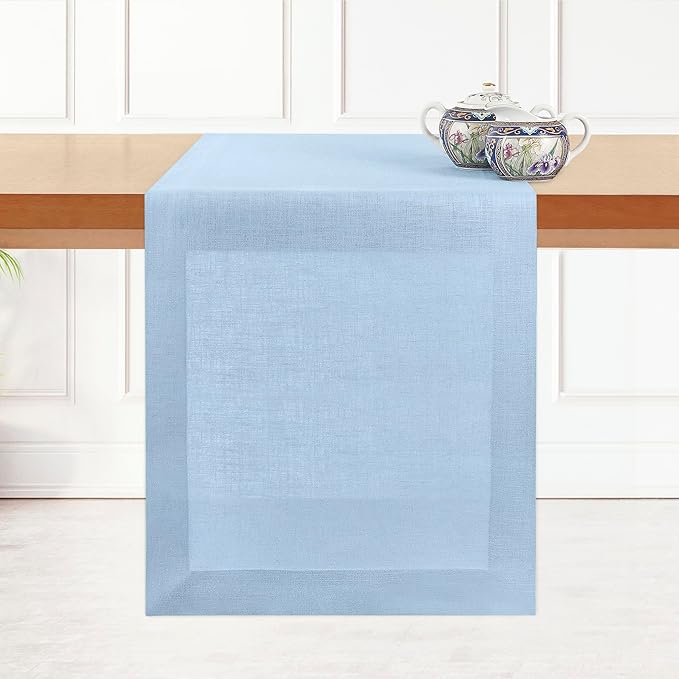 D'Moksha Homes Linen Powder Blue Table Runner 120 Inches Long - 100% Pure Linen Dining Table Runner 14 x 120 Inch for Summer, Fall and Halloween - Machine Washable