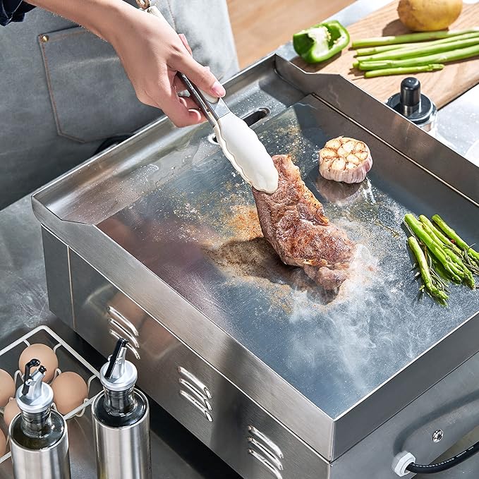 14 Inch Electric Griddle, Non-Stick Flat Top Grill Commercial Electric Countertop Griddles Stainless Steel Adjustable Temperature Control 90℉-575℉ for Home or Restaurant Use