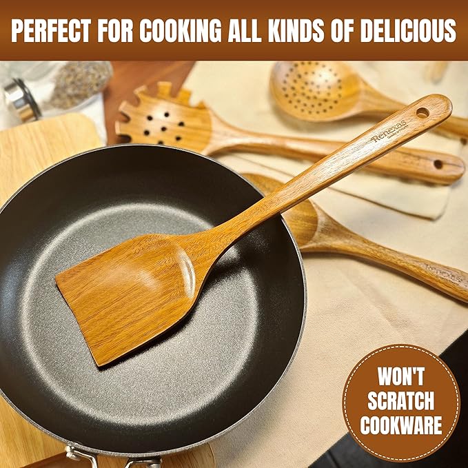Wooden Spoons for Cooking Utensils, Natural Teak Wooden Cooking Spoons with Nonstick Spatula Set, Bamboo Kitchen Utensils With Holder, Wood Spoon Set for Kitchen Essentials (9)