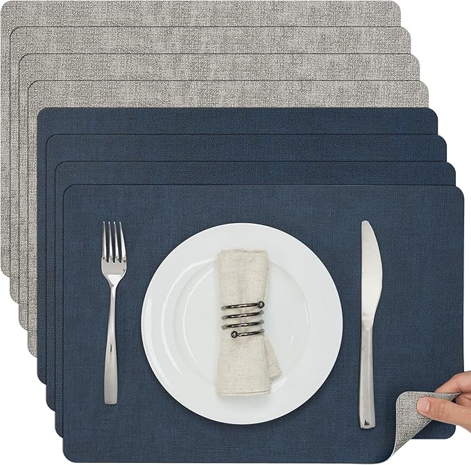 Myir JUN Placemats Dual Sided, Faux Leather Place Mats Indoor Set of 8 for Dining Table Non-Slip Washable Placemat Heat Resistant Outdoor Table Mats (Set of 8, Gray Blue)