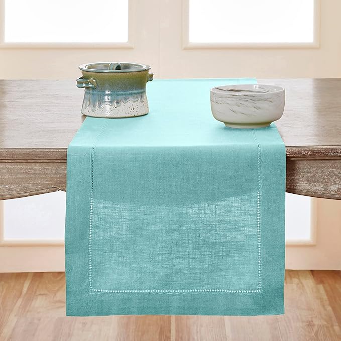 Solino Home Linen Aqua Blue Table Runner 36 Inches - Classic Hemstitch, 100% Pure Linen Coffee Table Runner 14 x 36 Inch Ideal for Dresser Tables - Summer