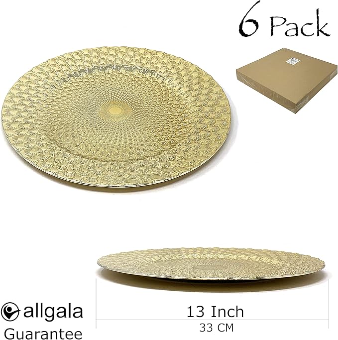 allgala 13-Inch 6-Pack Heavy Quality Round Charger Plates-Peacock Gold-HD80361