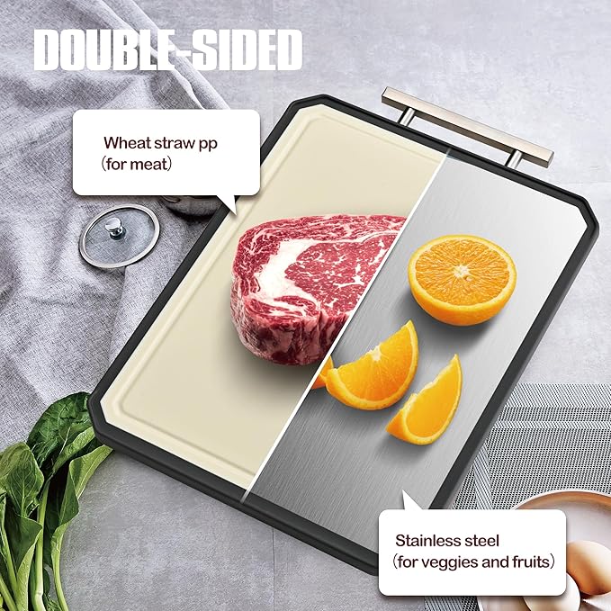 SNOWCLAD Stainless Steel Cutting Board,Double Sided Steel Cutting Board Set for kitchen,Stainless Steel/Wheat straw pp Large for meat,Dishwasher Safe [16 * 11+12 * 8.3 Inch]