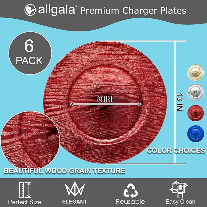 allgala 13-Inch 6-Pack Heavy Quality Round Charger Plates-Grain Red-HD80303