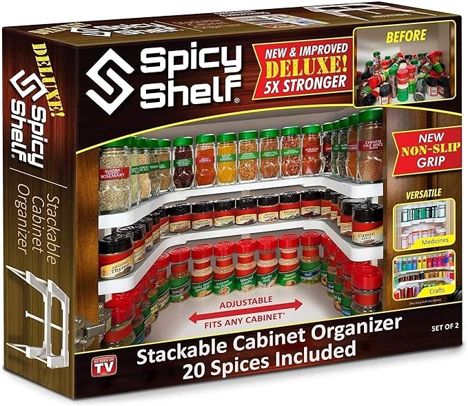 Spicy Shelf with 20 Jars of Spices inclded - Expandable Spice Rack and Stackable Cabinet & Pantry Organizer - Cabinet Spice Racks for inside Cabinets