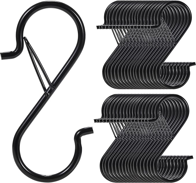 24 PCS S Hooks for Hanging with Safety Buckle, 3.5 inch Heavy Duty Metal S Shaped Hooks for Kitchen Utensil, Cups, Pots, Plants, Bags, Hats (Black)