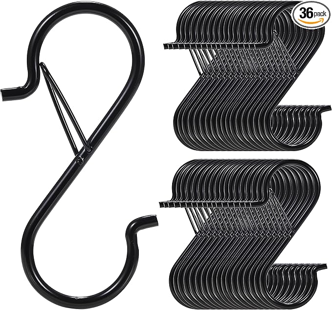 36 Pcs S Hooks for Hanging with Safety Buckle, 3.5 inch Heavy Duty Metal S Shaped Hooks Stainless Steel for Hanging Kitchen Utensil, Cups, Pots, Plants, Bags, Hats (Black)
