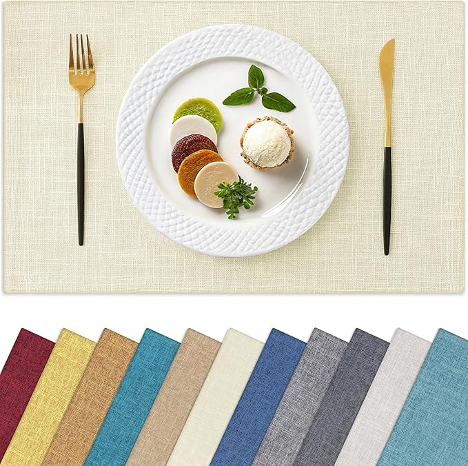 Homaxy Cloths Placemats for Dining Table Set of 6, Heat Resistant Washable Cotton Linen Blend Table Mats, Easy to Clean Place Mats for Indoor Outdoor Party Kitchen Decoration, 13" x 19", Cream