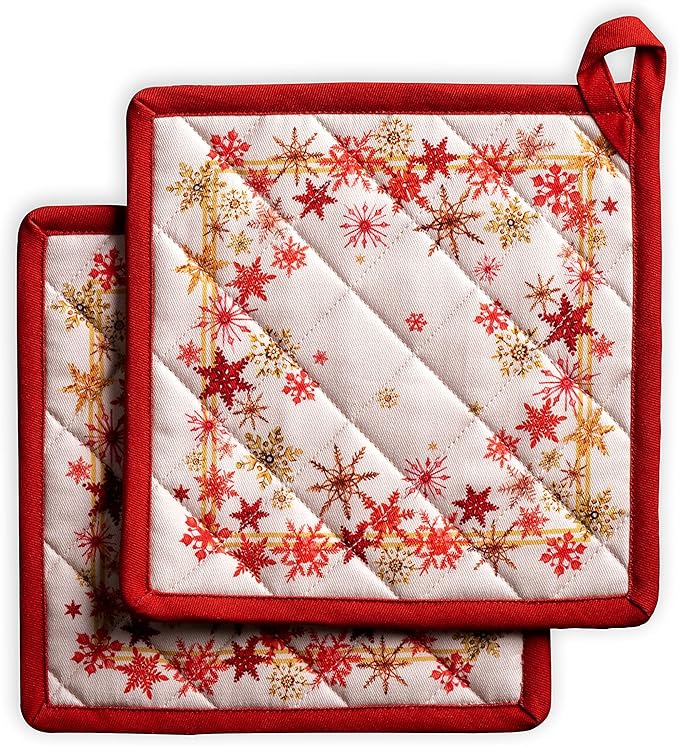 Maison d' Hermine Pot Holders Set 100% Cotton Heat Resistant Potholders 8" x 8" Hot Pads with Loop BBQ, Cooking, Baking, Grilling, Kitchen, Handling Hot Pans (Pack of 2, Crystal Star)