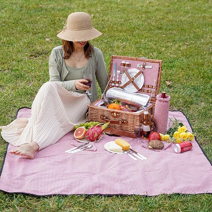 Picnic Basket for 2, Picnic Baskets with Waterproof Blanket, Picnic Hamper Set with Washable Beach Mat & Large Insulated Cooler Compartment, Handmade Natural Wicker Hamper for Camping, Outdoor Party