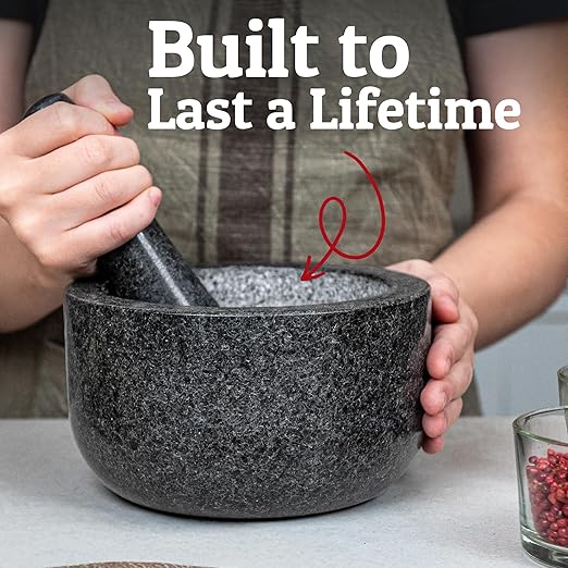Priority Chef Heavy Duty Large Mortar and Pestle Set, 100% Granite, Non Slip Base, Make Fresh Guacamole, Salsa, Pesto, Stone Grinder Bowl, Herb Crusher, Spice Grinder, 4 Cup - Black