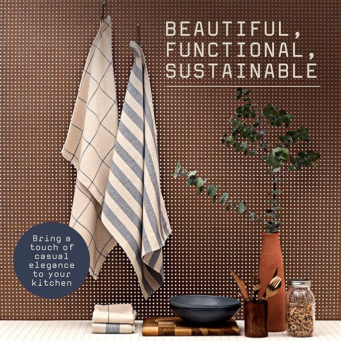 MEEMA Kitchen Towels and Dishcloths Sets of 4 | Large 18 x 28 Inch | Upcycled Cotton Tea Towel | Super Absorbent Cotton Dish Towels for Kitchen | Blue Stripes | Hand Towels