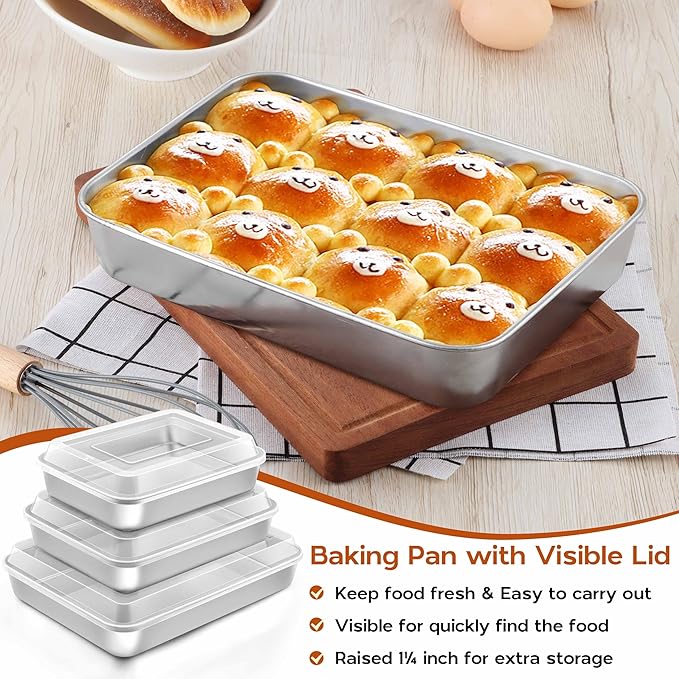 Lasagna Baking Pan Set with Lid, Rectangle 10⅜ x 8⅛ x 2 Inch Stainless Steel Cake Brownie Pan, Non Toxic & Deep