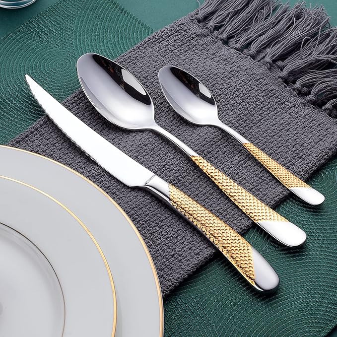 Hammered Silver Gold Silverware Set, OGORI 24-Piece 18/10 Stainless Steel Flatware Set, Service of 6