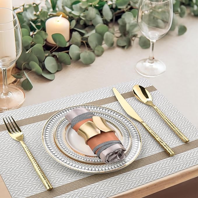 Beige White Placemats Set of 8 - Easy Clean Modern Durable Washable Vinyl Place Mats - Heat Resistant Placemats for Kitchen Table - PVC Table Mats for Dining Table (Beige White with Stripes, 8)