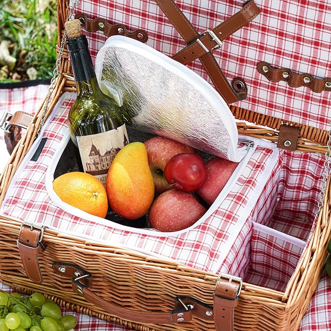 Wicker Picnic Basket Set for 2 Persons with Waterproof Picnic Blanket and Large Insulated Cooler Compartment, Willow Picnic Hamper Basket with Cutlery Service Kits for Camping, Wedding (Red)