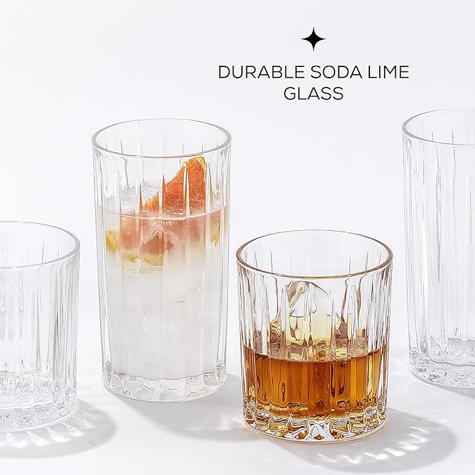 JoyJolt Drinking Glasses Set of 8, Alina Ribbed Glassware. 12oz Rocks Glass and 14oz Highball Glass set. Cocktail Glasses, Iced Coffee Cup or Water cups. Heavy Base Glassware Set