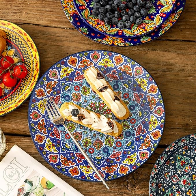 glowworm Dinner Plates, 10.5 Inch Ceramic Plates Set of 6 for Steak, Snacks, Pizza, Cake, Colorful Serving Dishes for Kitchen, Microwave, Oven & Dishwasher Safe, Bohemian