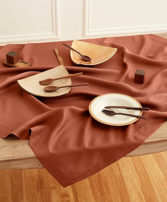 Solino Home Linen Cinnamon Tablecloth 52 x 52 Inch - 100% Pure Linen Square Table Throw - Classic Hemstitch, Machine Washable Table Cloth for Fall, Autumn, Halloween