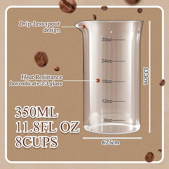 Maxdot 2 Pcs French Press Replacement Glass Universal Replacement Beaker for French Press Tea and Coffee Makers Borosilicate 3.3 Glass Spare Carafe (with Scale,34 oz)