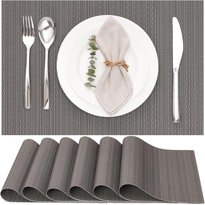 Myir JUN Placemats Set of 6, Vinyl Woven Placemats Place Mats Indoor Washable Table Mats Non-Slip Place mats for Dining Table (Dark Gray, Set of 6)