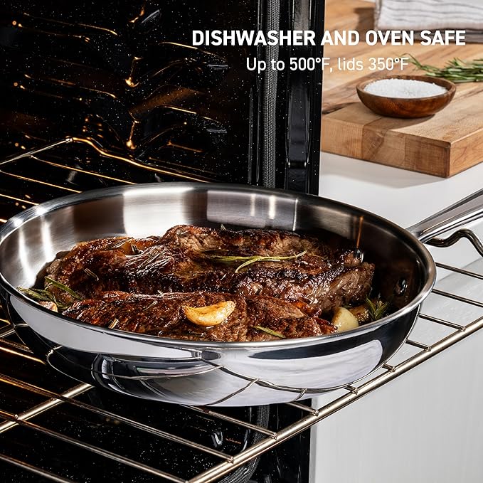 T-fal Pro Tri-Ply Stainless Steel Fry Pan 12 Inch, Induction Compatible, Oven Safe 500F, Fast & Even Heat, Professional Quality & Durability, Frying Pan, Skillet, Cookware, Dishwasher Safe, Silver