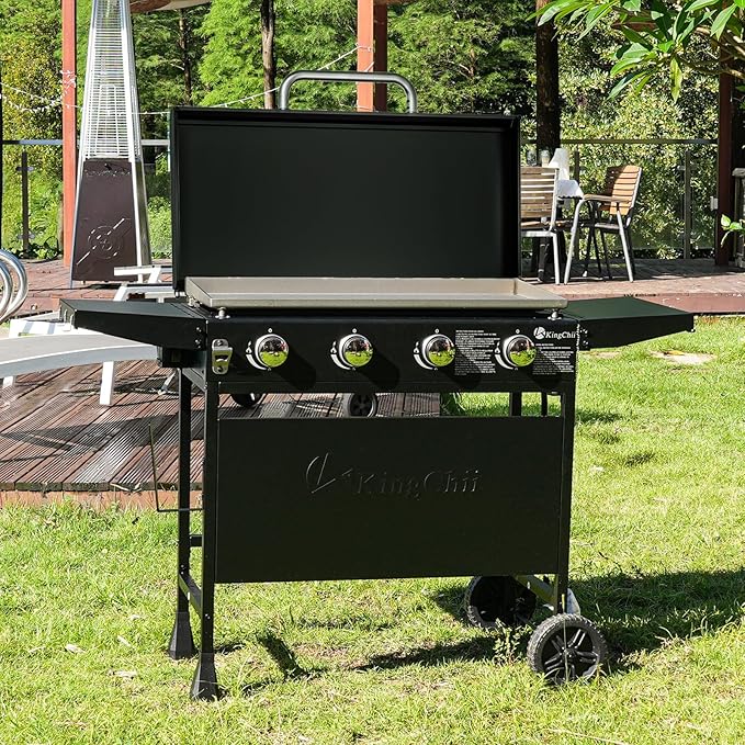 KingChii 32" 4-Burner Griddle with Integrated Protective Hood and Counter Height Side Shelves, Powder Coated Steel, for Breakfast, BBQ & Grilling w/Steel Cooking Surface,Black