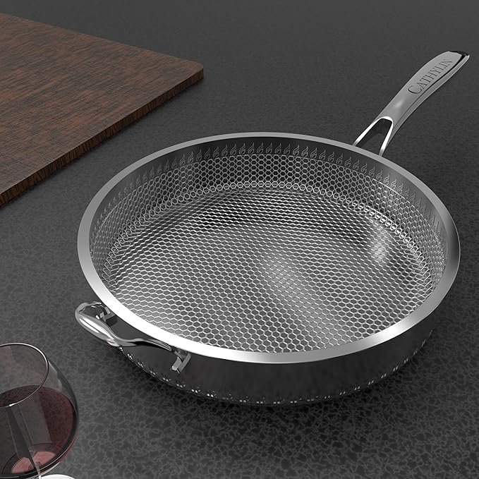 316L Stainless Steel 7QT Frying Pan Hex Nonstick Wok with Lid,Single Handle to Hold, PFOA Free, Dishwasher Oven Safe (7QT/Single Handle)